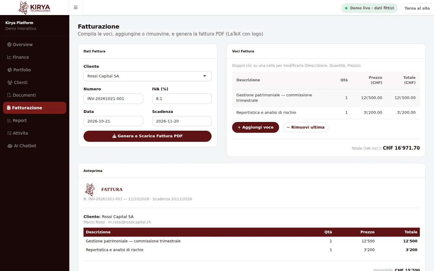 Schermata reale della Kirya Demo Platform: Fatture
